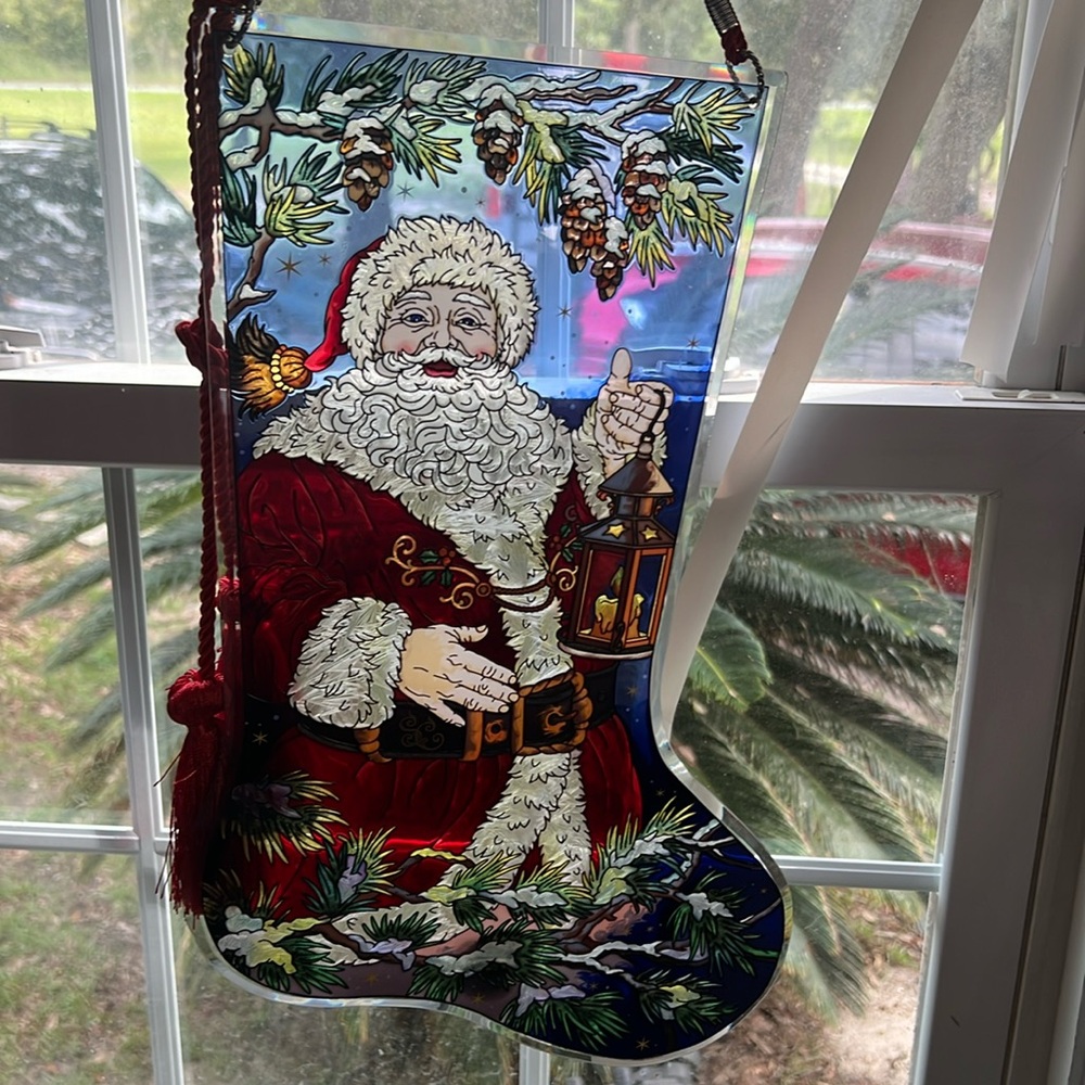 Amia Large Stained Glass Sun Catcher Christmas Santa Stocking Holiday Decor